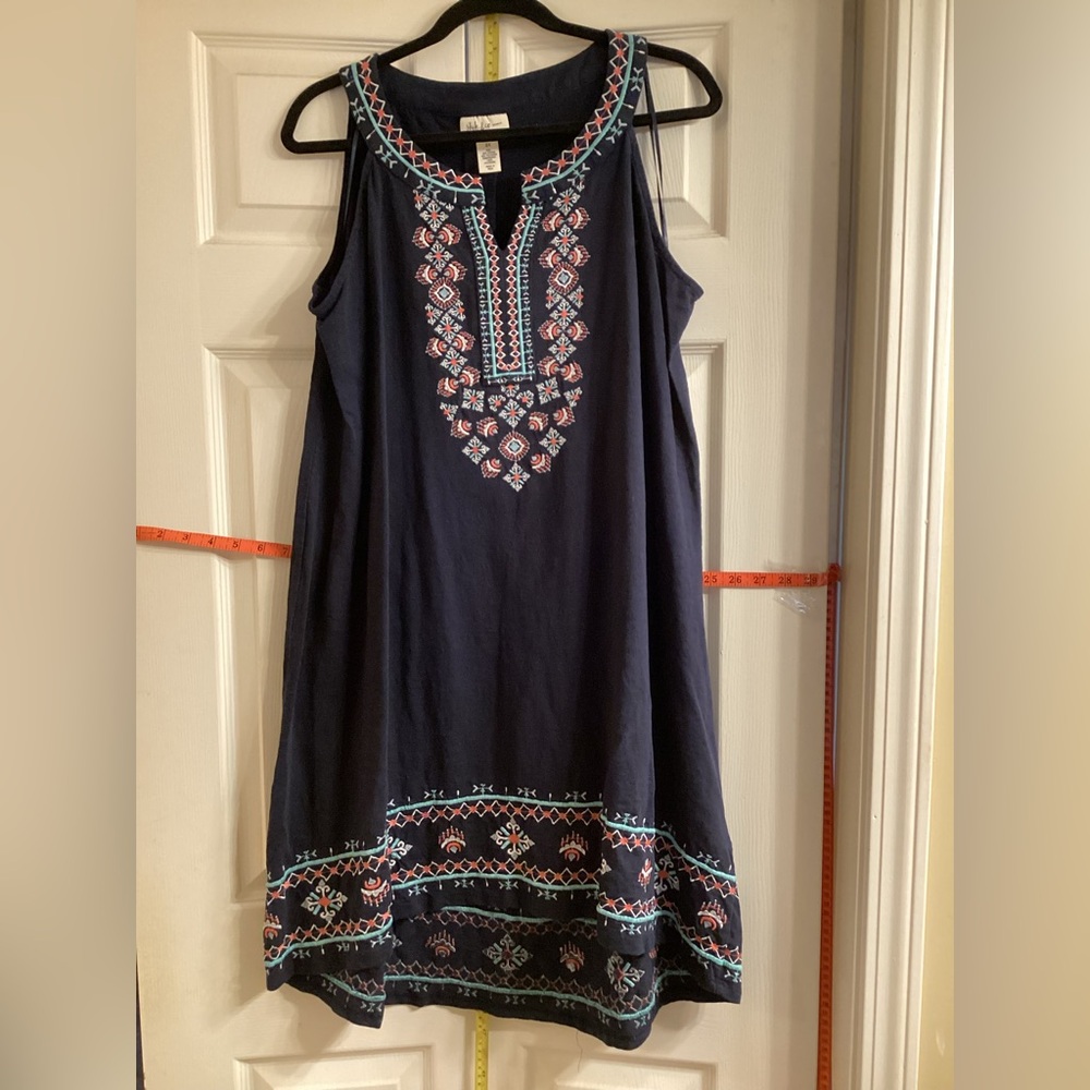 Style & Co. Black Dress with Pink and Teal Embroidery slightly-high/low hemline